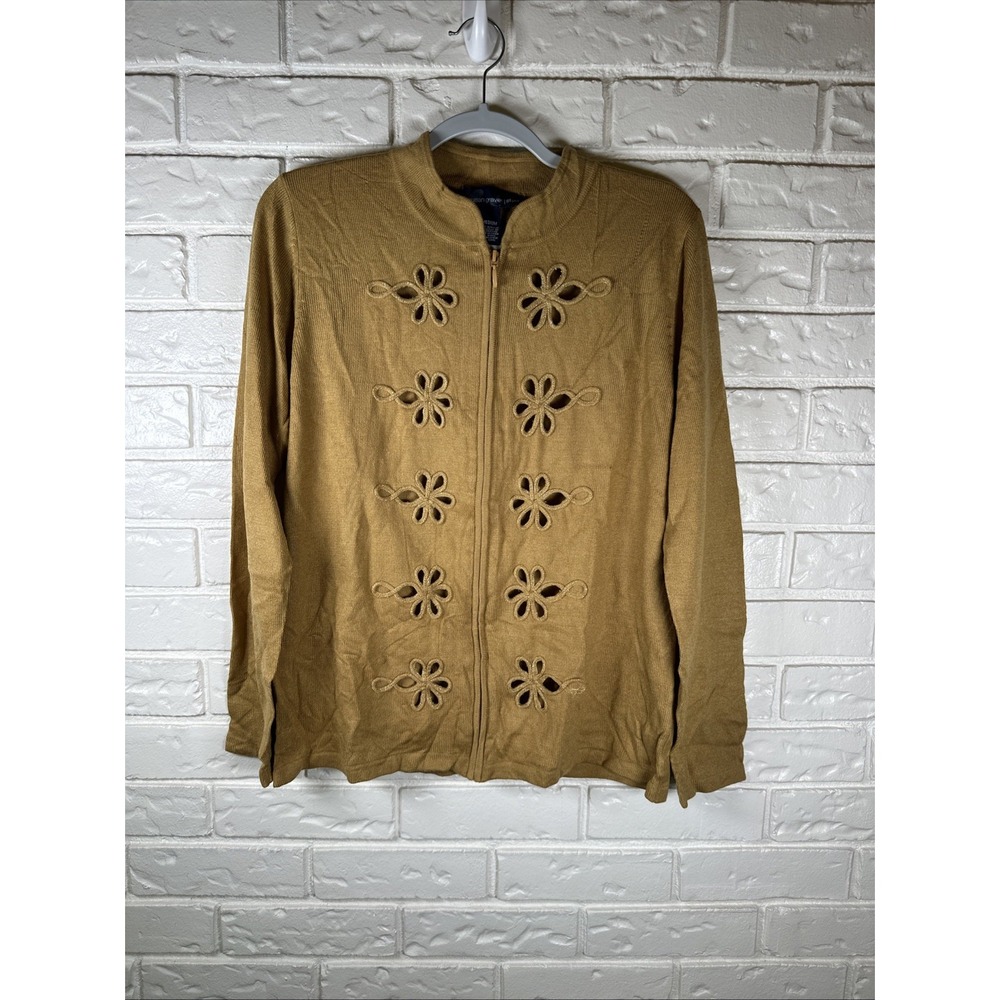 Susan Graver Sz M Style Y2K Mustard Brown Floral Cutout Zip Lightweight Cardigan